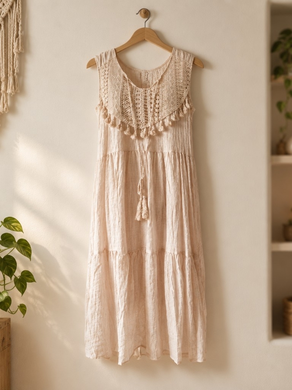 Boho Crochet Yoke Cream Mini Dress